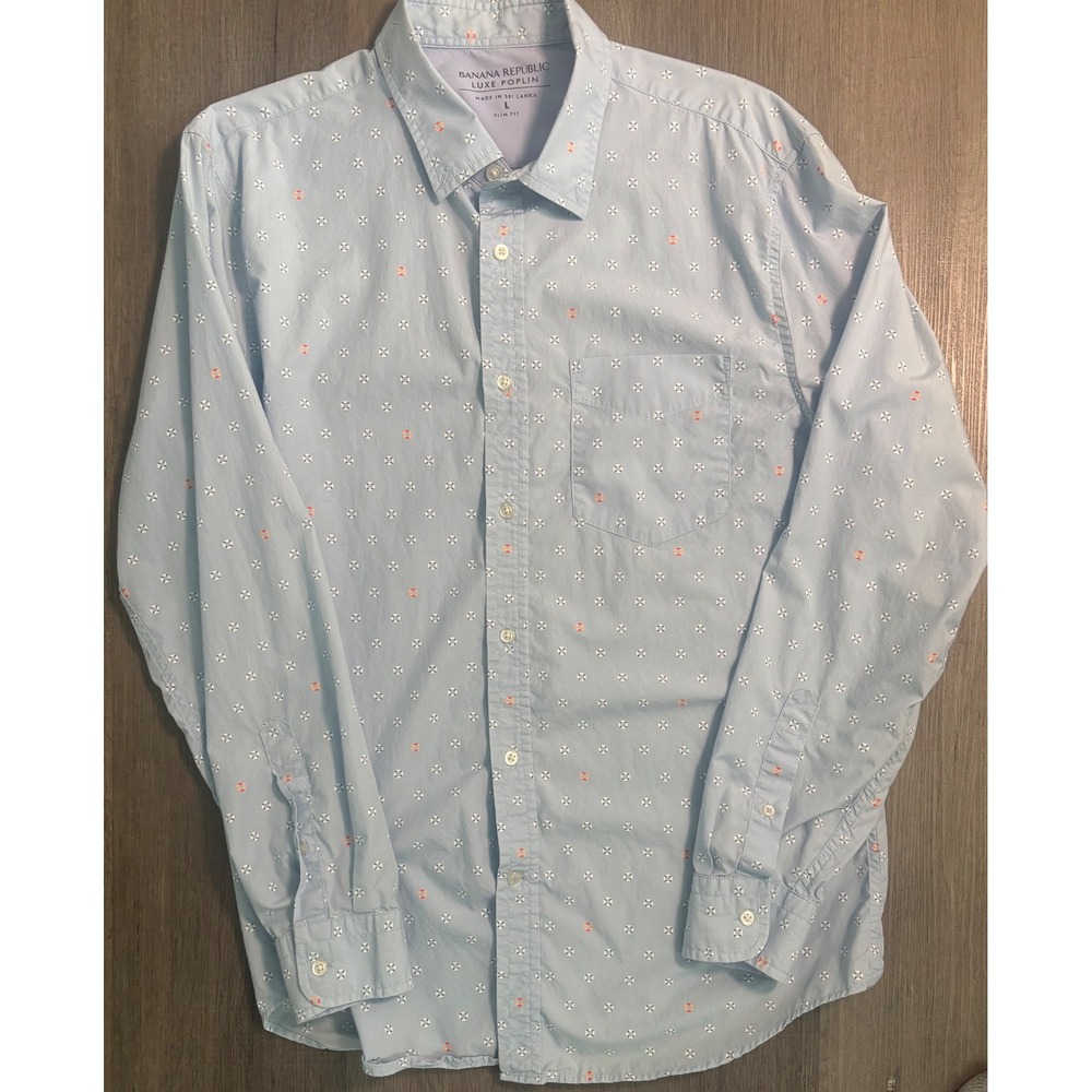 Banana Republic Button Down Mens Large Blue Luxe Poplin Slim Fit Life Preserver